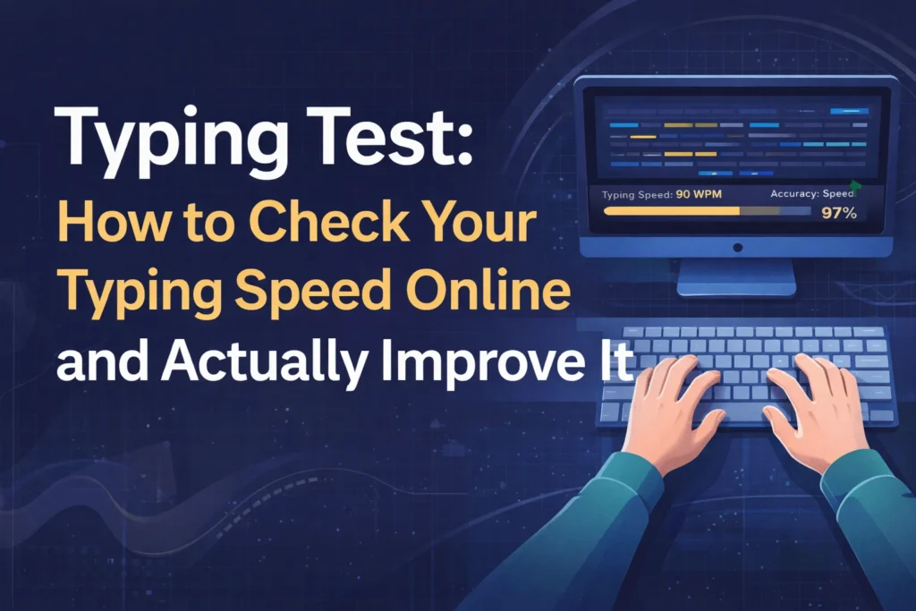 Typing test showing 90 WPM and 97% accuracy on a computer screen with hands on keyboard